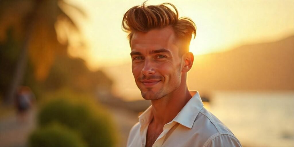 "Realistic image of a young man with a flat top mullet hairstyle and quiff, showing textured, clean lines with a soft romantic background."

