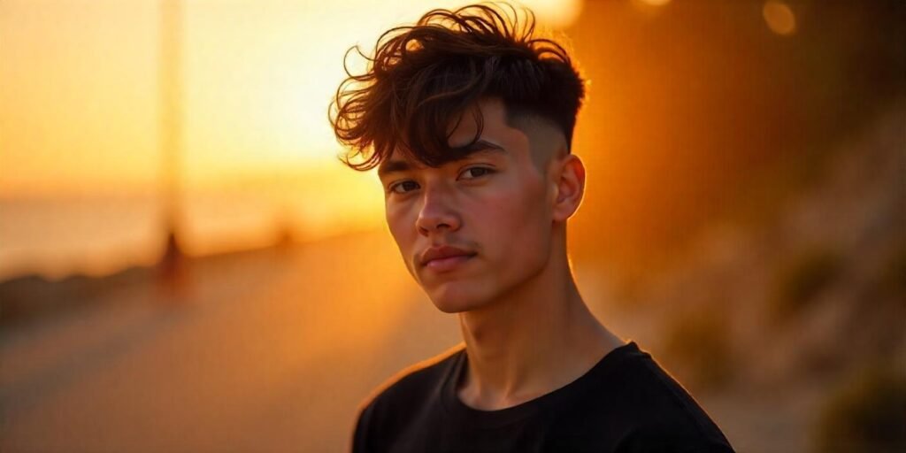 "Advanced mullet with curtain bangs and tight fade hairstyle for men, perfect for a clean, structured look."








