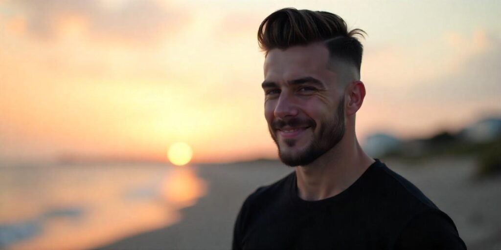 "French crop mullet with skin fade and exposed sideburns on a confident young man, casual look with romantic background."








