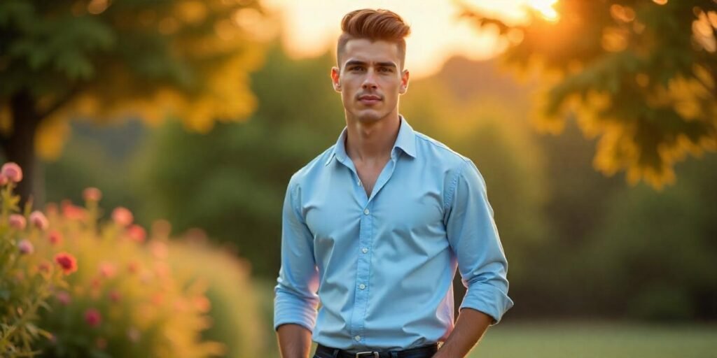 Young man with a combed-over mullet hairstyle, dressed in smart-casual attire with a romantic sunset background.








