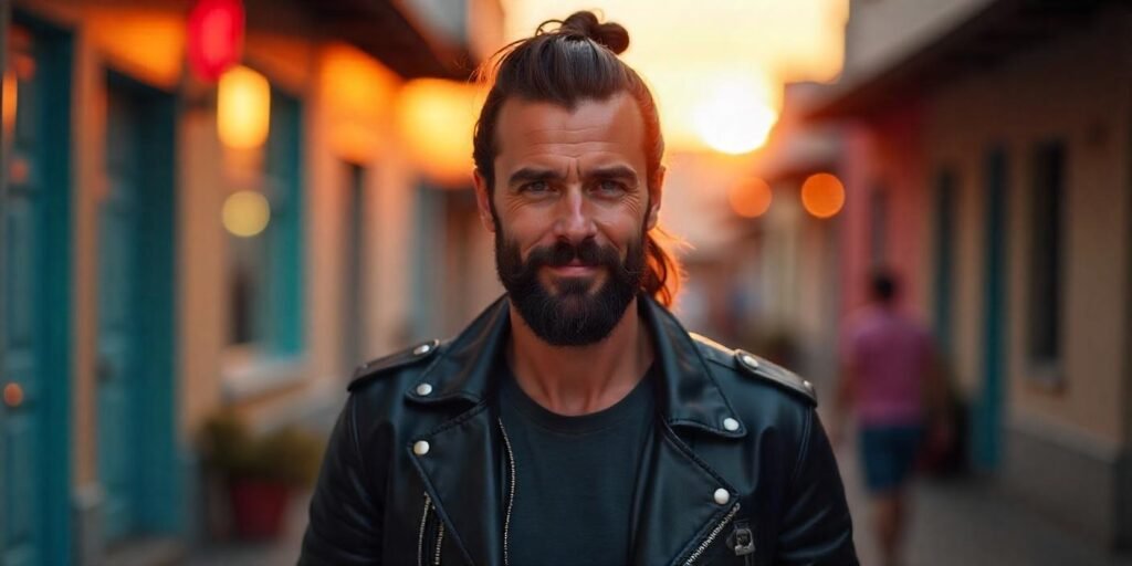 Man with mullet hairstyle and full beard wearing black leather jacket, exuding confidence.








