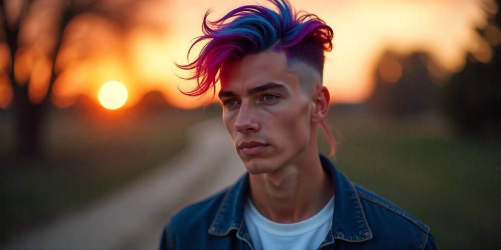 "Colourful mullet with tapered sides and vibrant hues for a confident, modern look."








