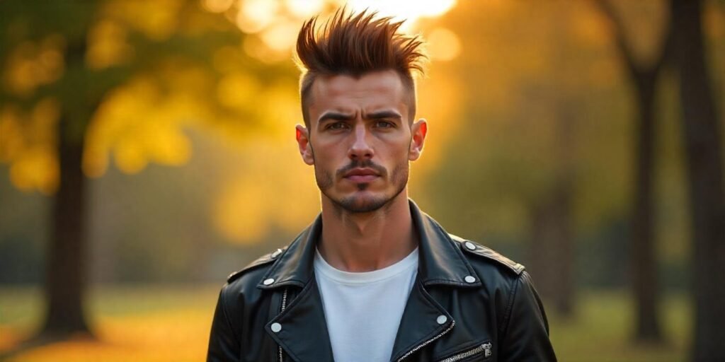 "Man with a faux hawk mullet hairstyle, dressed in a leather jacket with a romantic outdoor background."

