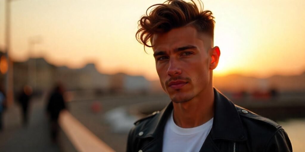 Man with permed mullet and fade hairstyle, confident expression, casual black leather jacket, sunset background.








