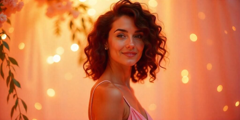 "Curly hair styled with anti-frizz products for a smooth and defined look in a romantic outdoor setting.