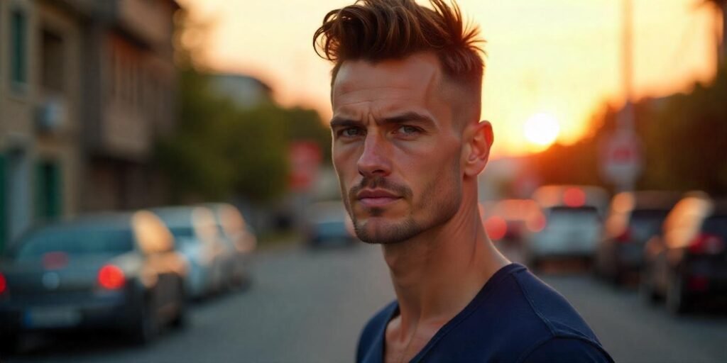 "Man with Faux Hawk hairstyle, short sides, and natural brown hair with a romantic background"







