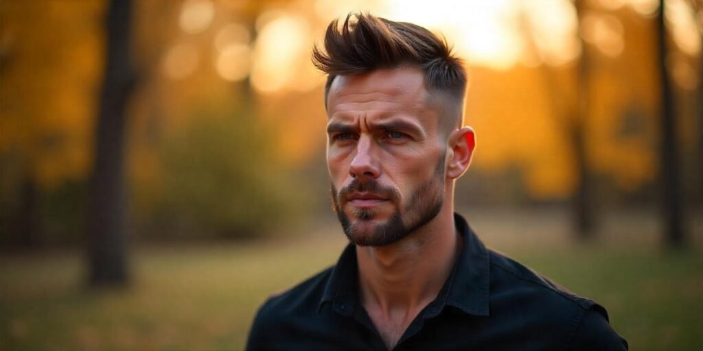 "Man with short Viking haircut in black shirt, strong look with confident expression"