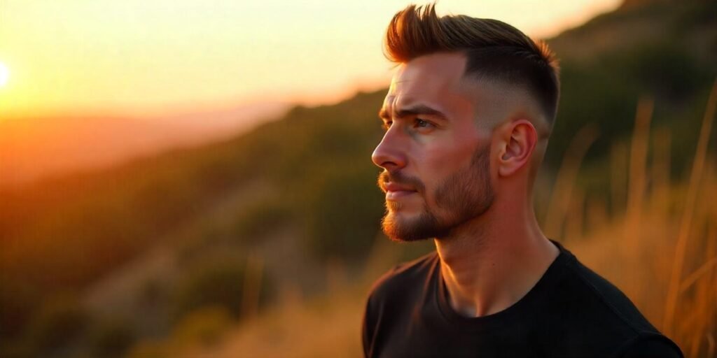 "Dark buzz cut with Viking style, casual black t-shirt, romantic sunset background, confident expression."