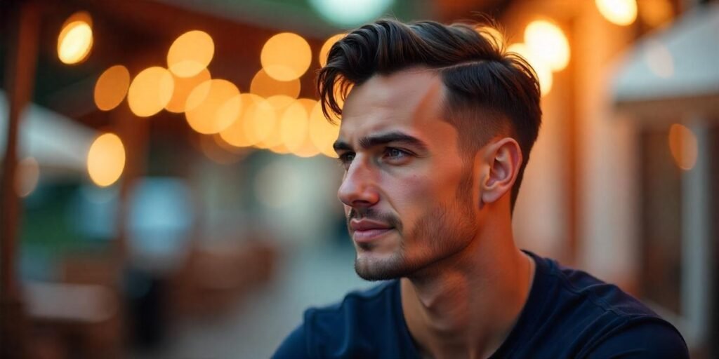 "Realistic image of a man with a short side-swept undercut hairstyle, looking confident in casual attire."