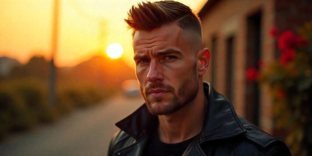 "Realistic photo of a man with a short Viking haircut, shaved sides, and back, styled with confidence."
