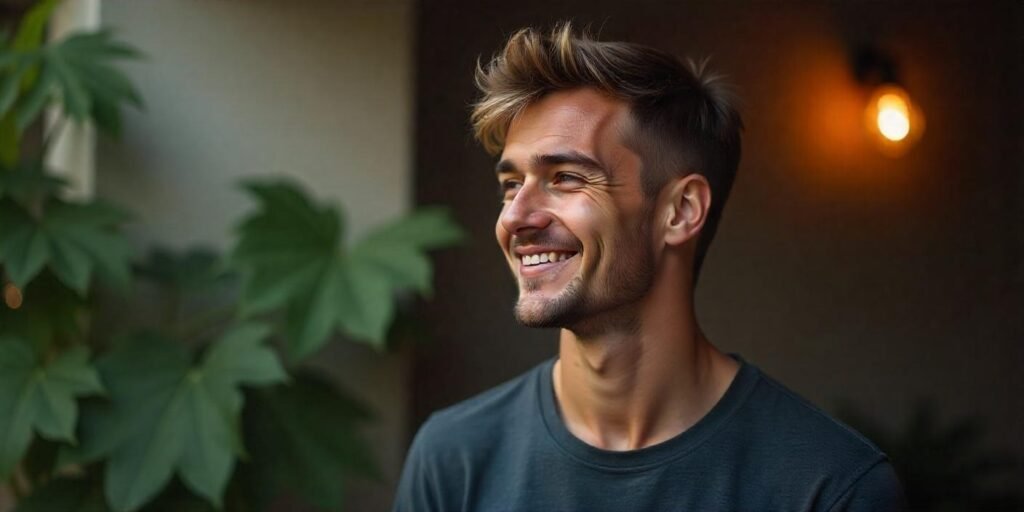 A young man with a textured crop short Viking haircut in a romantic, cozy setting.
