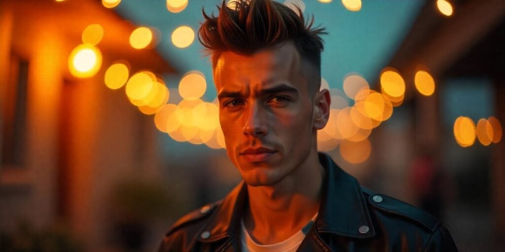 "Man with spiky top Viking haircut and leather jacket in romantic lighting."