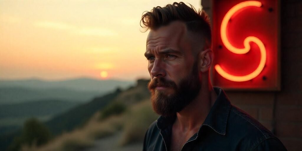 "Realistic image of a man with a short Viking haircut and bold beard in a romantic outdoor setting."
