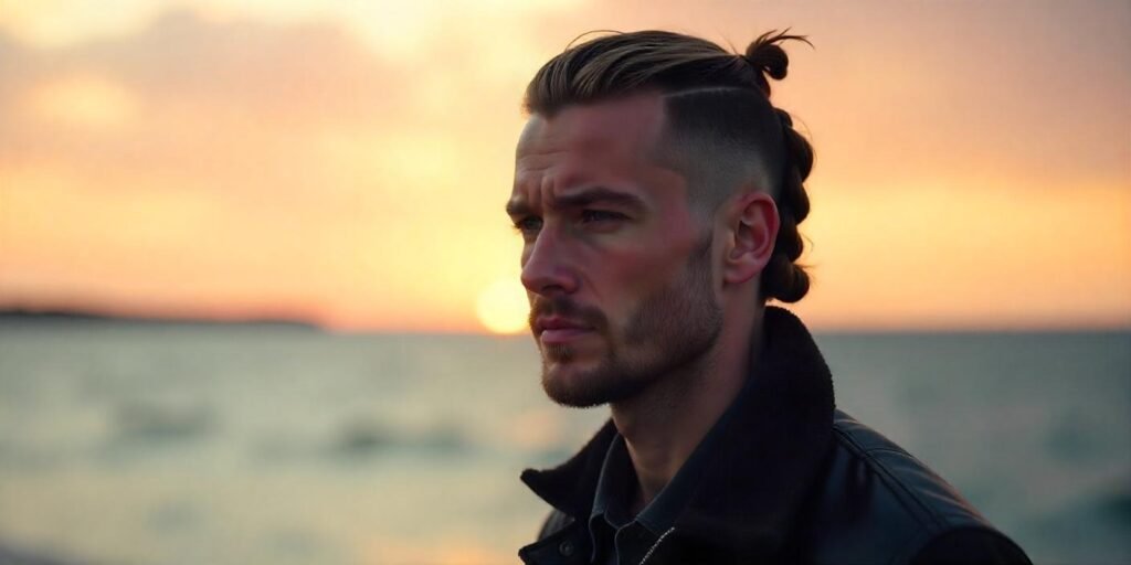 "Viking short braided undercut hairstyle with natural hair tones on a man in a romantic outdoor setting"