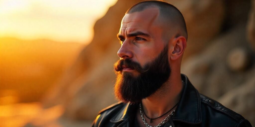 "Realistic image of a male with a shaved head and full beard, wearing a casual dark shirt in a romantic setting."