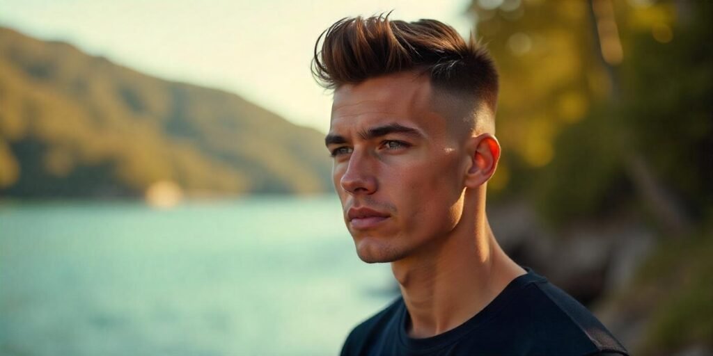 "Realistic short faux hawk hairstyle for men with a bold, edgy, and modern appearance in a romantic outdoor setting."
