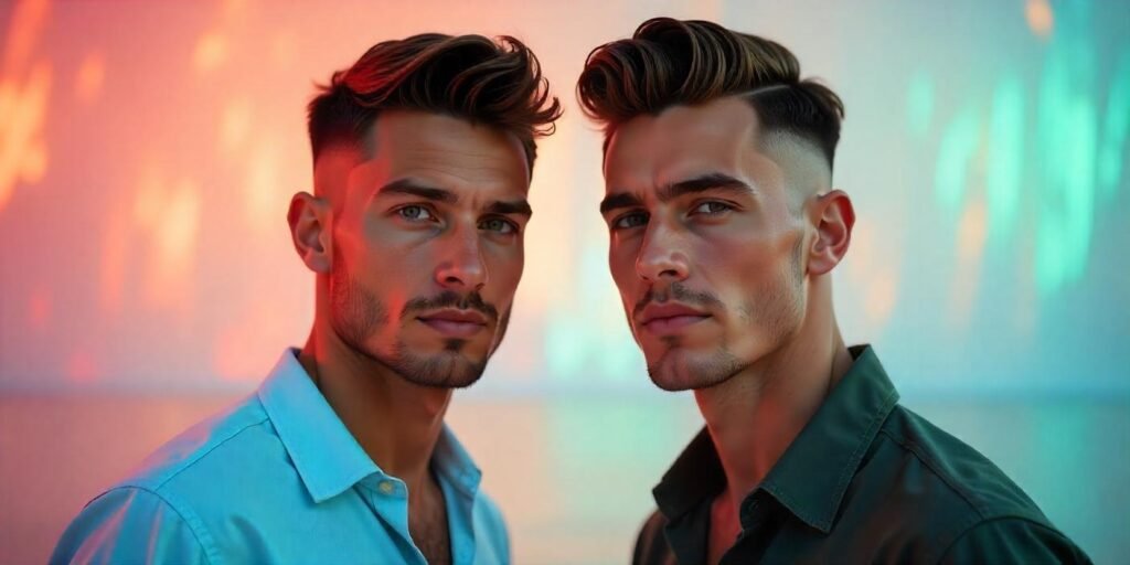 "Two male models with high fade and weak fade hairstyles, romantic atmosphere, wearing casual shirts"