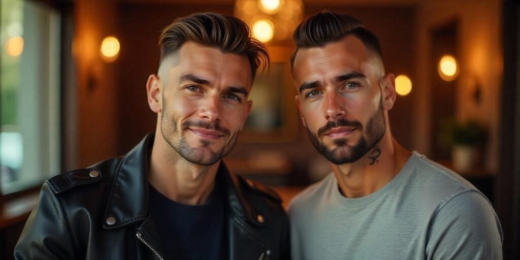 Two men with skin fade and weak fade haircuts side by side, dressed in stylish outfits in a romantic setting with warm lighting.