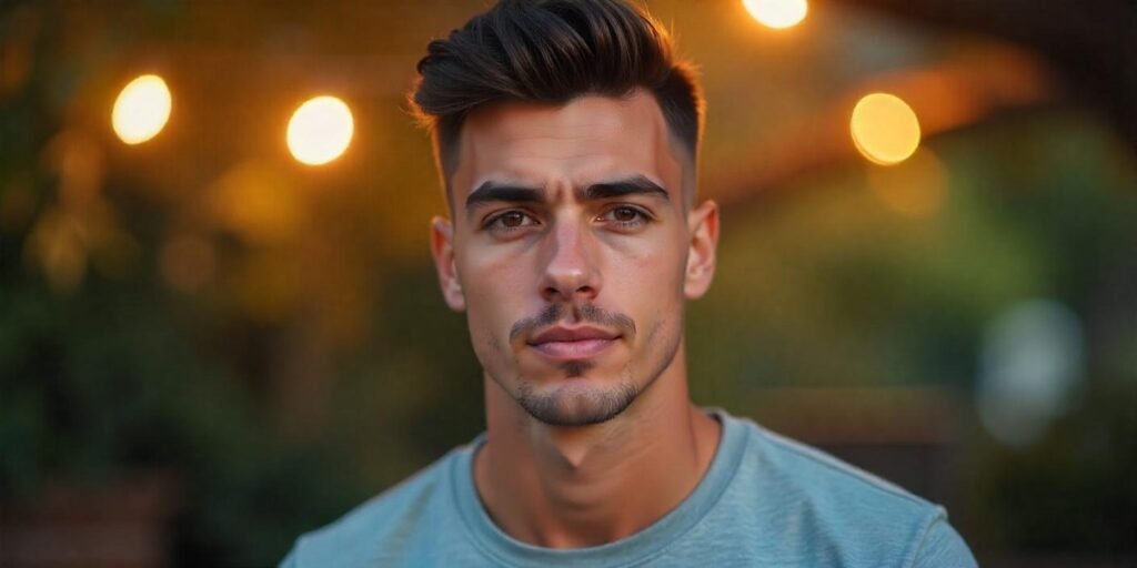 "Man with a subtle weak fade haircut, styled naturally with a polished, understated look, set in a romantic sunset background."