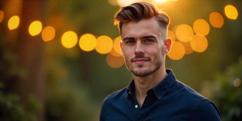Realistic image of a man with classic taper haircut and subtle fade, standing in a romantic outdoor setting, wearing a navy shirt and jeans.