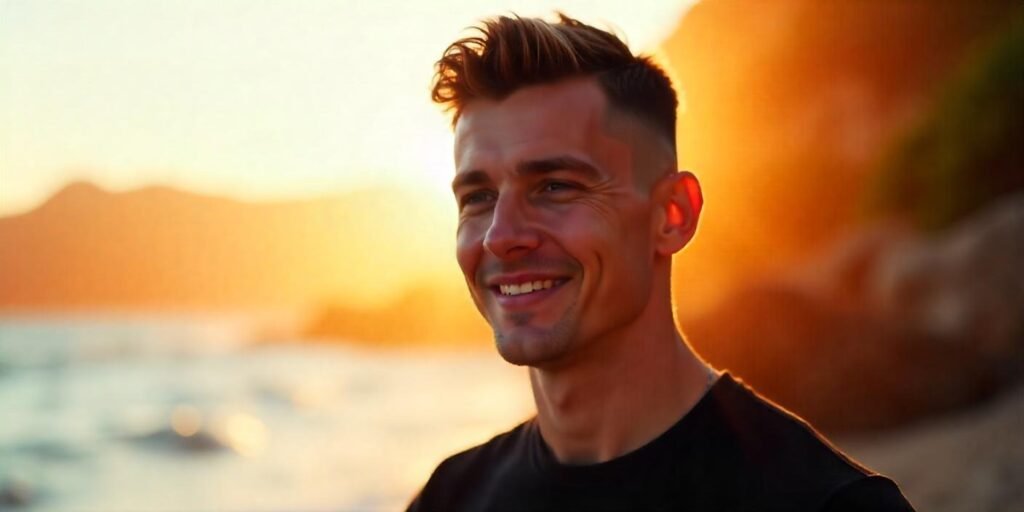 "Short crop with weak fade hairstyle for men, textured, modern, with a romantic background."