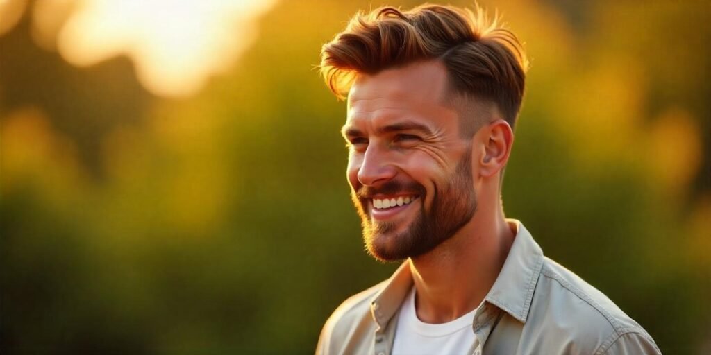 "Realistic image of a man with textured top and weak fade haircut, casual outfit, and romantic outdoor background."