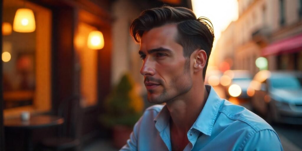 "Realistic photo of a man with a two-block haircut styled with a side part, wearing a smart casual outfit in a romantic setting."