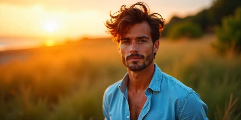 “Young man with messy textured two-block haircut styled with volume and wavy hair, in a romantic outdoor setting.”