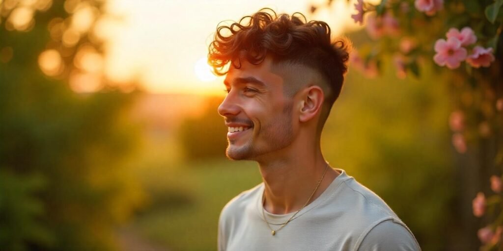 "Two-block haircut with curls for men, showcasing natural style in a romantic outdoor setting."