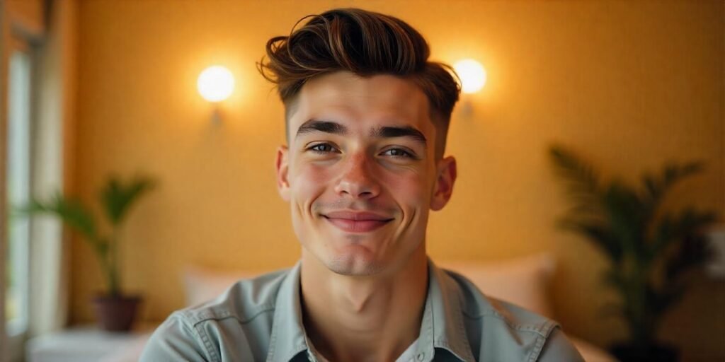 Realistic image of a young man with a two-block pompadour hairstyle and a casual light grey shirt.