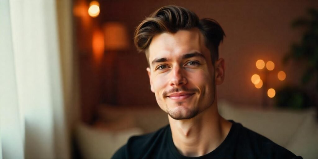 "Young man with round face shape styled in two-block haircut with side part and casual black t-shirt."