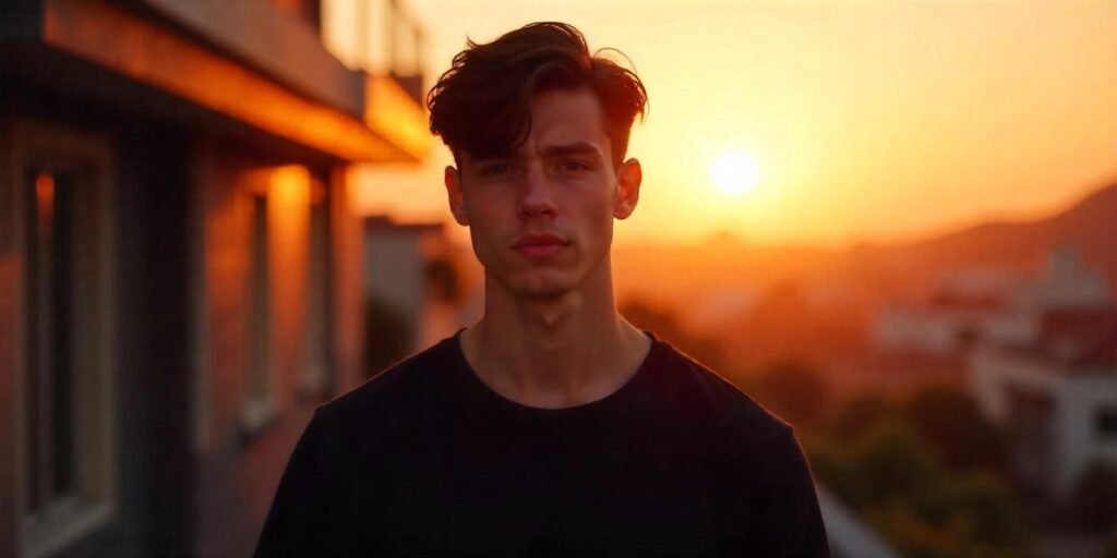 "Square face shape with two-block haircut, styled for men with fringe and added height."