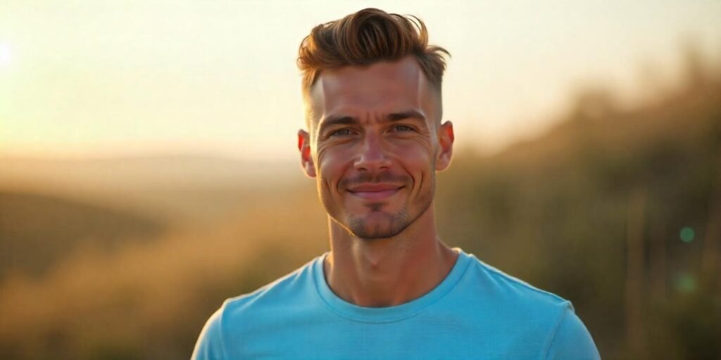 "Man with oval face and two-block haircut, casual light blue t-shirt, romantic sunset vibe."