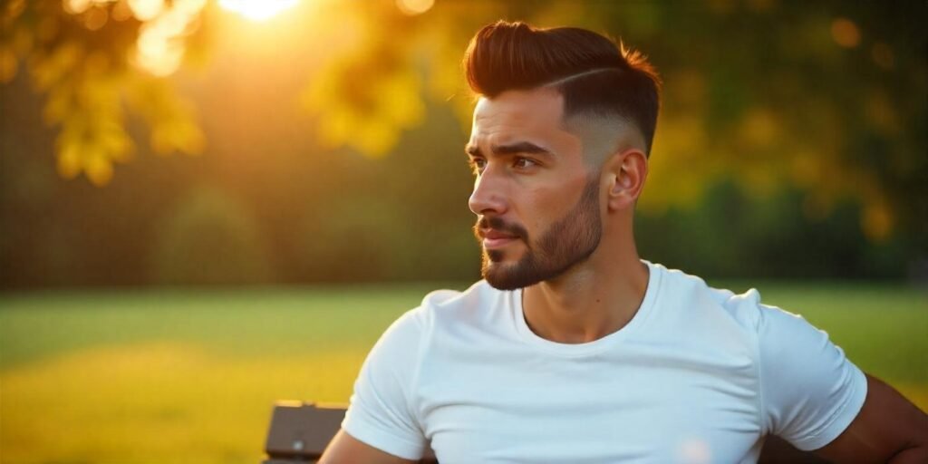 Young man with taper fade and asymmetric volume haircut, clean beard, white shirt, in romantic outdoor light