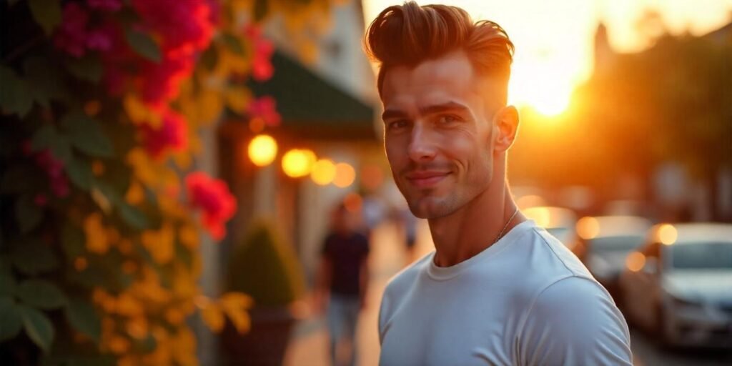 Young man with pompadour and short sides haircut in romantic setting wearing white T-shirt and black jeans