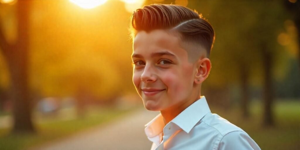 Boy with slicked back cut and taper hairstyle wearing white shirt in soft romantic sunset background looking confident