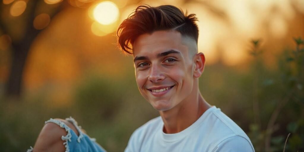 Teen boy with black hair in a shaved side carved design haircut wearing white tee outdoors at sunset