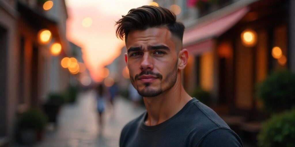 Realistic photo of boy with undercut and tousled top, brushed back with wax, set in a romantic cobblestone street at golden hour