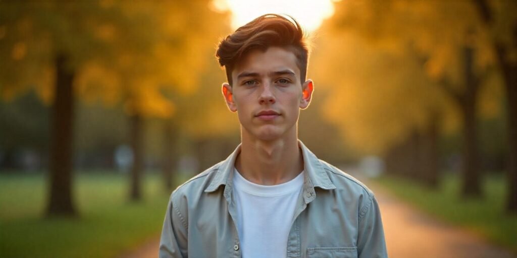 Teenage boy with parted brushed-back lived-in haircut outdoors at golden hour wearing casual white and gray shirt
