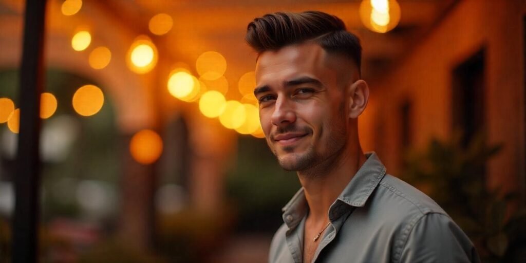 Young boy with fine hair in brushed back tapered cut wearing gray shirt in romantic outdoor atmosphere