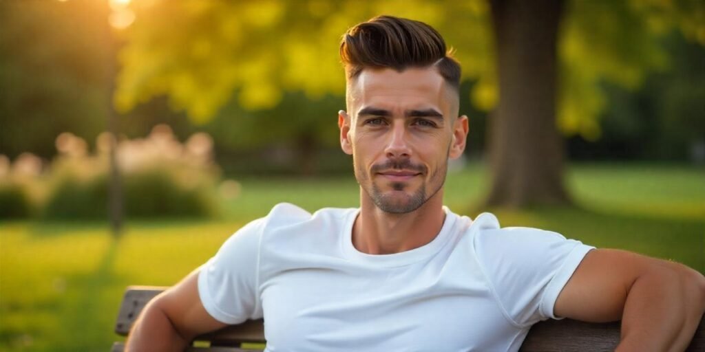 Boy with ridged comb over hairstyle, hard part, skin fade, white tee, dark brown hair in romantic park atmosphere