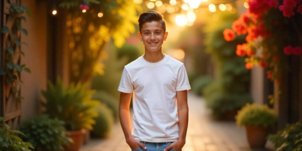 Teen boy with swept back taper haircut on straight black hair wearing white shirt in romantic outdoor background