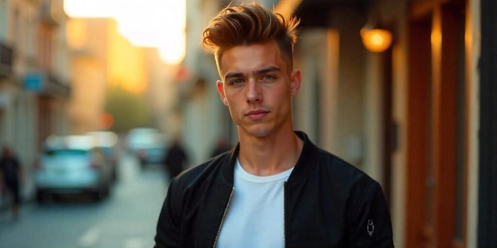 "Realistic photo of a young man with tousled Mohawk fade hairstyle, looking confident in a relaxed, romantic setting."