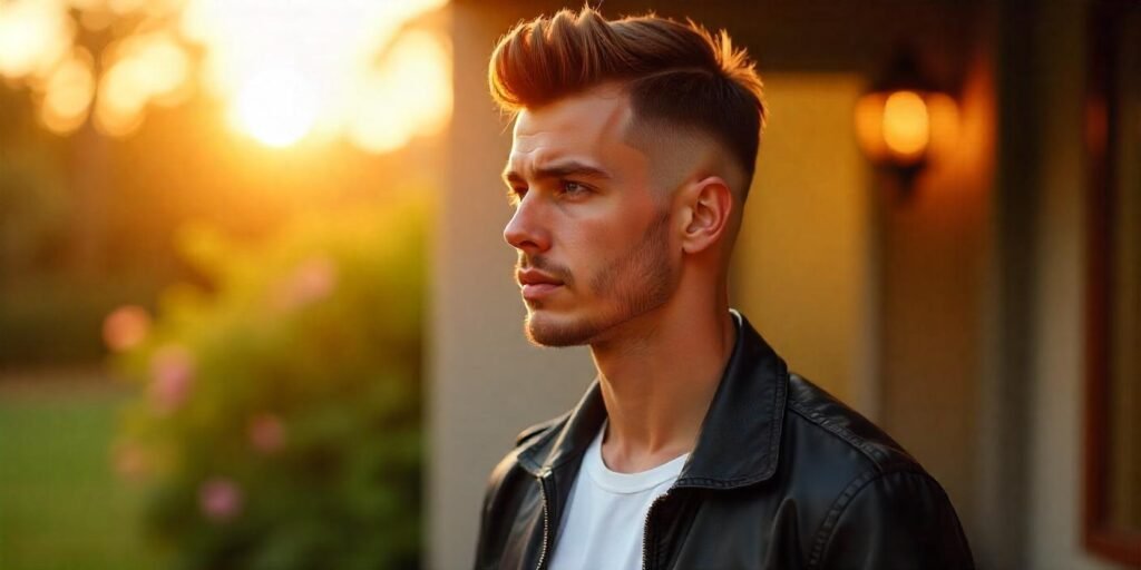 "Man with longer fade Mohawk hairstyle in a romantic outdoor setting, wearing a black leather jacket."