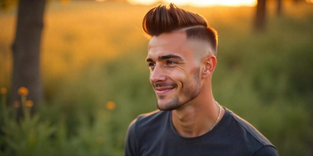 "Natural high fade Mohawk hairstyle on man in romantic outdoor setting."