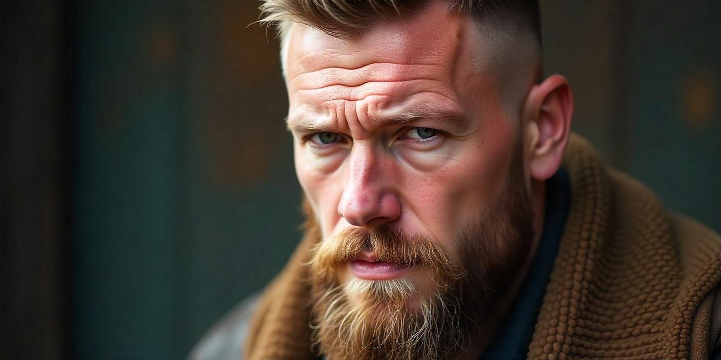 Man with a short Viking-inspired haircut, showcasing a bold buzz cut and well-groomed beard.