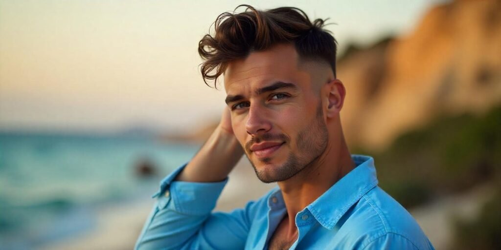 Young man with a French Crop hairstyle, high fade, tousled hair, light blue shirt, in a romantic outdoor setting.