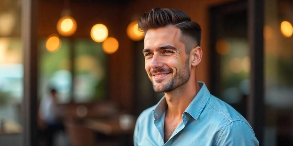 Realistic image of a young man with a Hard Comb Over Fade hairstyle, dressed in casual attire with a romantic background.