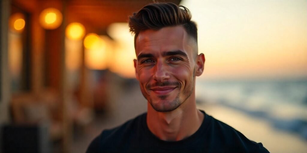 Young man with high and tight fade hairstyle, shaved line part, and a casual black t-shirt in a romantic setting.