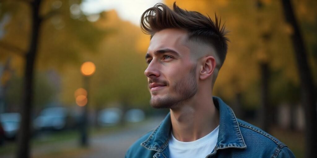 "Short, spiky hairstyle with fade and drop fade, casual outfit, romantic background for men."